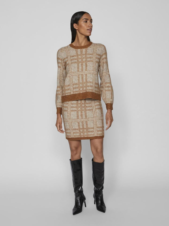 Vila Damen Vicilia L/S Check Knit Top/Su Strickpullover M Caramel Café/Checks:natural Melange/Birch,
