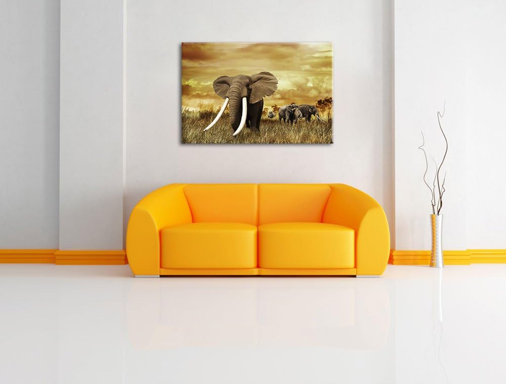 Stolzer Elefant in Savanne Format: 100x70 auf Leinwand, XXL riesige Bilder fertig gerahmt mit Keilra