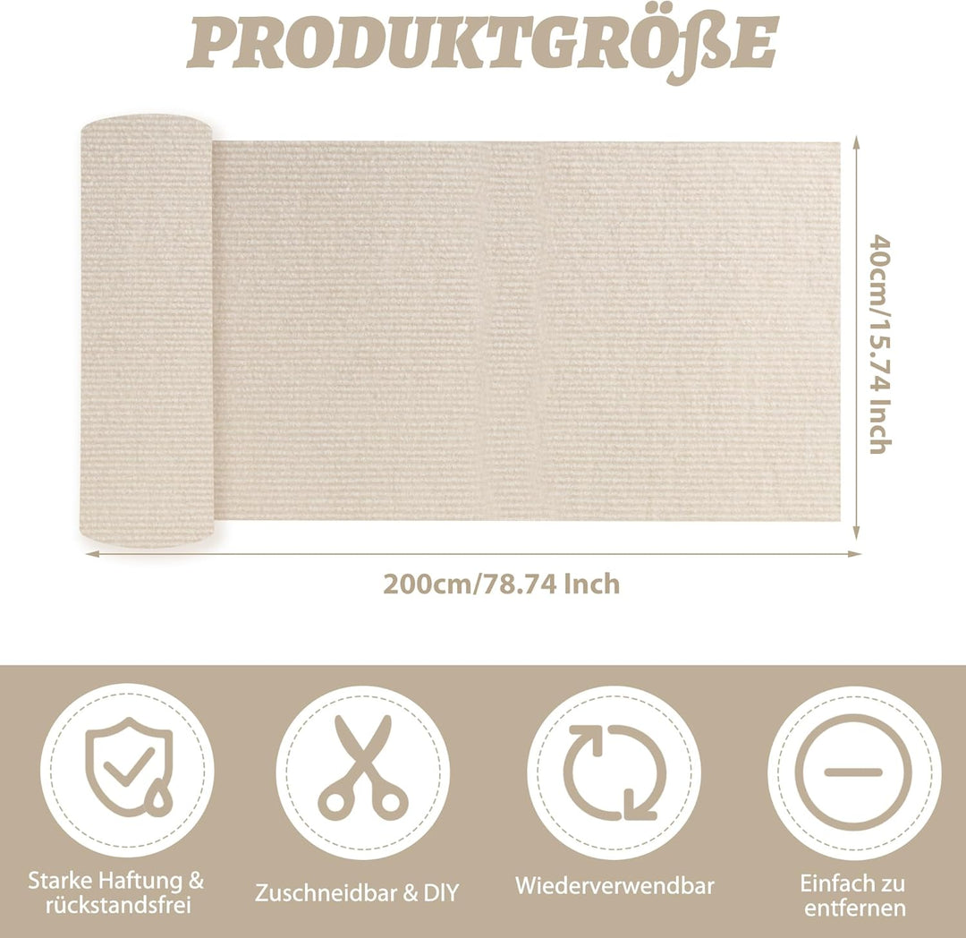 Kratzmatte für Katzen, 40x200 cm, Wiederverwendbar, Selbstklebende Kratzmatte aus Polyester, Kratzsc