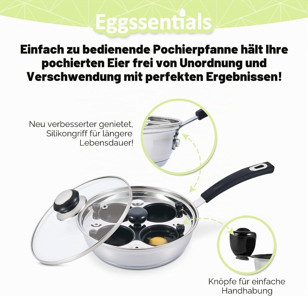 Eggssentials Pochierte Eierkocher aus Edelstahl, lebensmittelecht, PFOA-frei, mit Pfannenwender, 4 P