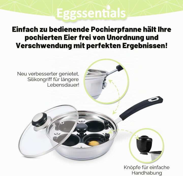 Eggssentials Pochierte Eierkocher aus Edelstahl, lebensmittelecht, PFOA-frei, mit Pfannenwender, 4 P
