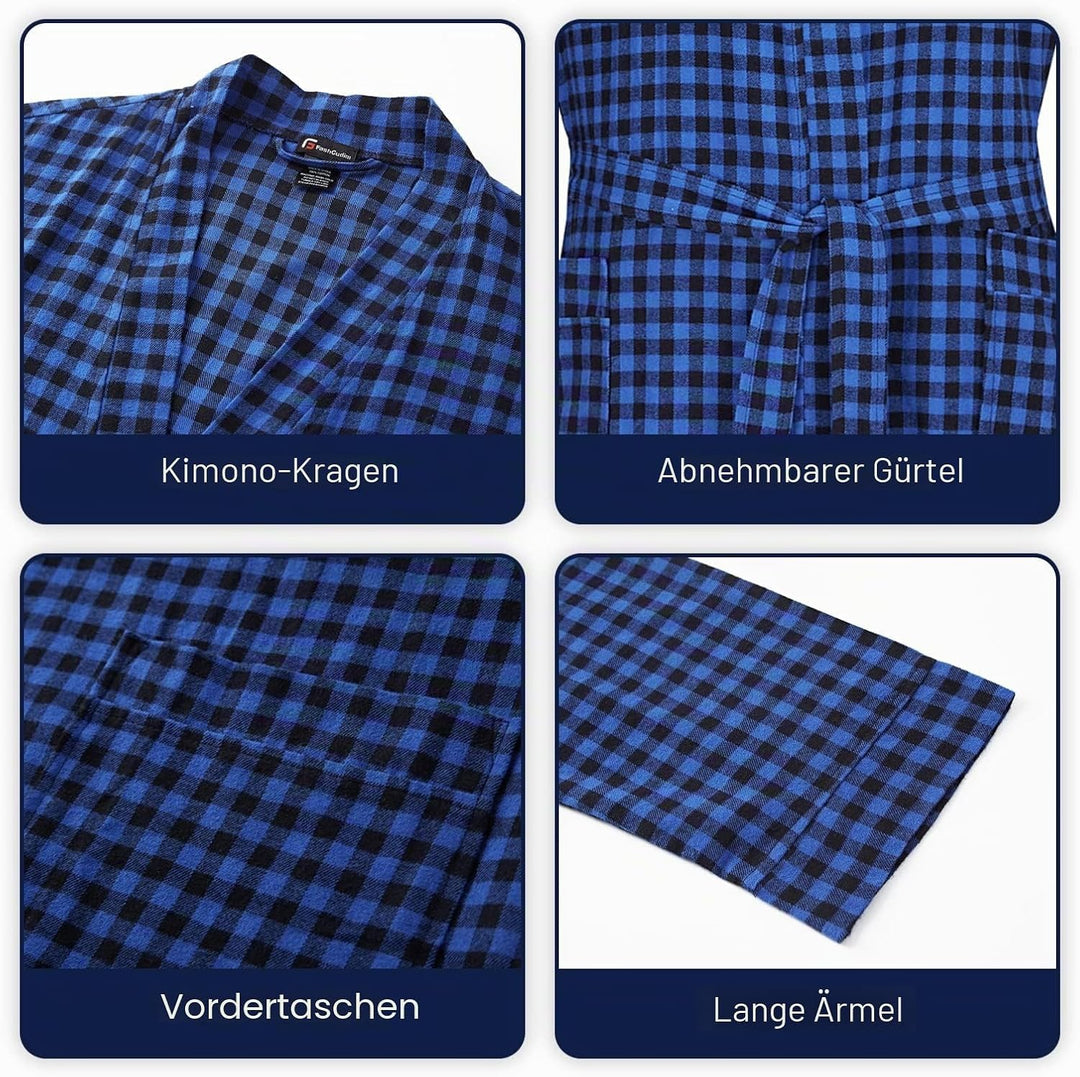 FashGudim Herren Buffalo-Karo 100% Baumwollflanell Bademantel mit Schalkragen Leichter, langer Morge
