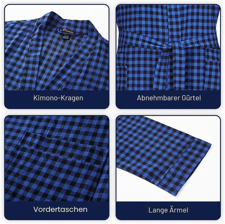 FashGudim Herren Buffalo-Karo 100% Baumwollflanell Bademantel mit Schalkragen Leichter, langer Morge