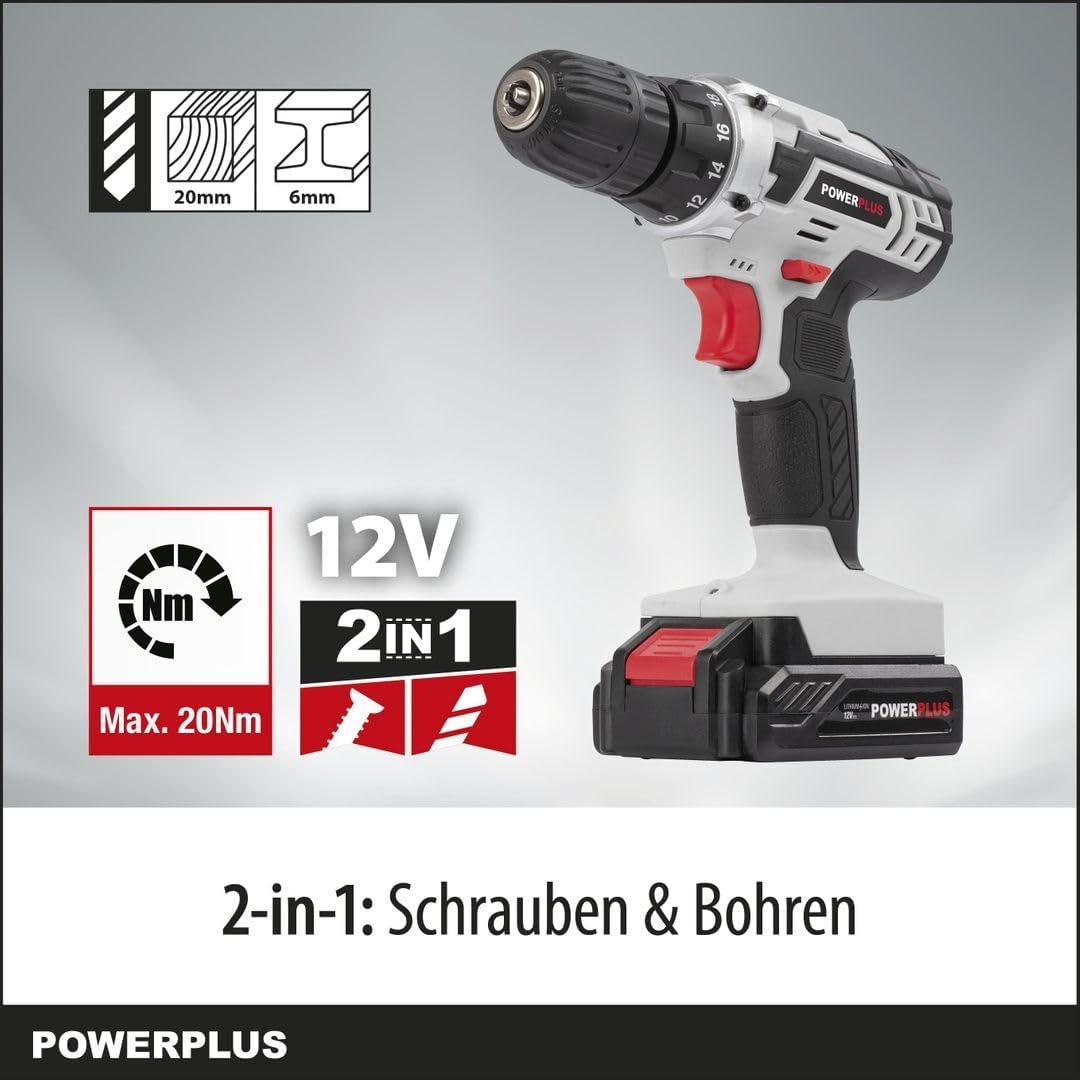 Powerplus Akkuschrauber & Akkubohrer POWC1051 - Schraubendreher & Bohrer 12V, Inkl. 1 x 1,3Ah Akku u