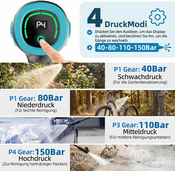 Akku Hochdruckreiniger, Pressure Washer 4-Gang-Modus Max 150Bar, Hydro Blast, Multifunktionale Mobil