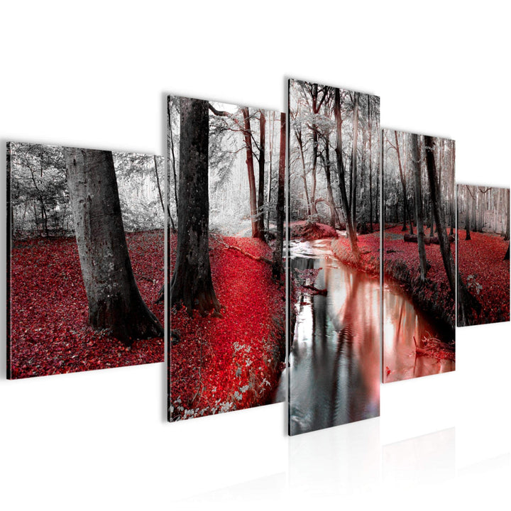 Runa Art Bild Schlafzimmer Wohnzimmer Wald Landschaft 5 Teilig Fluss Rot Wandbilder auf Vlies Leinwa