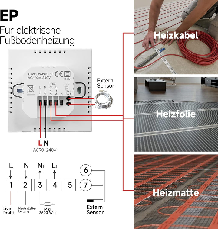 Beok Tuya Raumthermostat Fussbodenheizung, Thermostat Fussbodenheizung Elektrische Smart WiFi Heizun