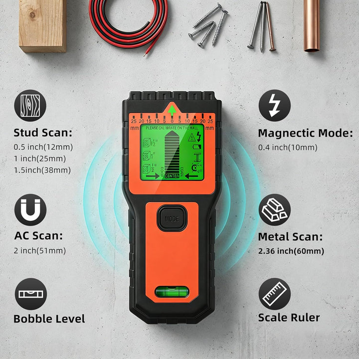 Leitungssucher - Multifunktionaler Ständerdetektor mit LCD-Display | Kabeldetektor für Wände, Holz,