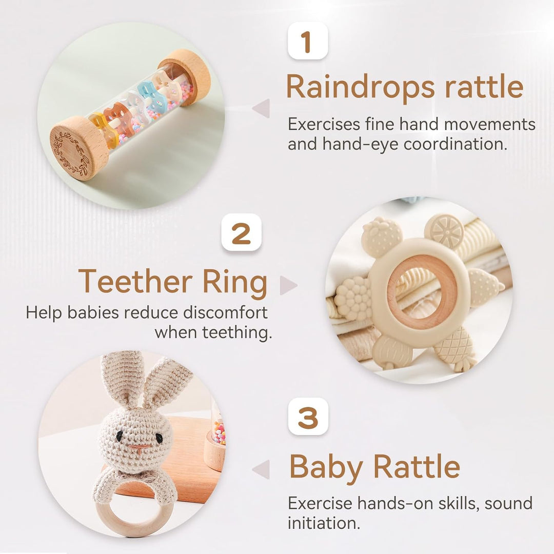 Baby Rassel Set 0 3 6 9 Monate - 3 Stück Baby Rassel Beissring Set mit Gehäkelte Babyrassel und Holz