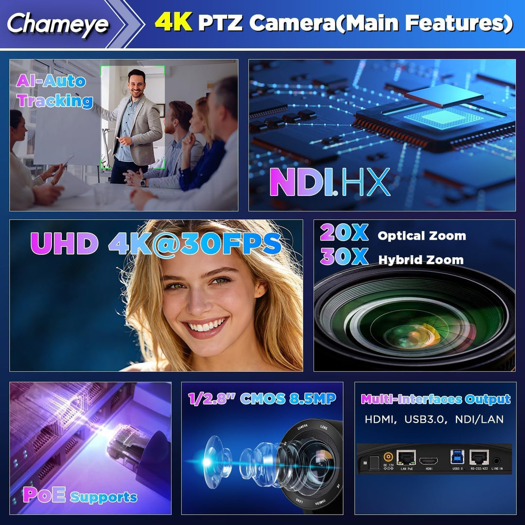 Chameye 4K PTZ Kamera NDI HX KI-Tracking 20x Optischer Zoom, mit HDMI/USB3.0/LAN(PoE), für LIve-Gott