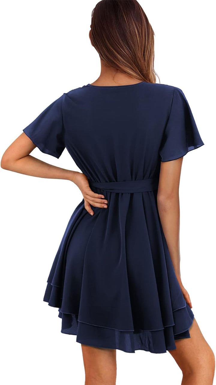 Beluring Damen Kleid Kurzarm Casual V-Ausschnitt Tunika Kleider Minikleid Wickelkleid XL Dunkelblau,