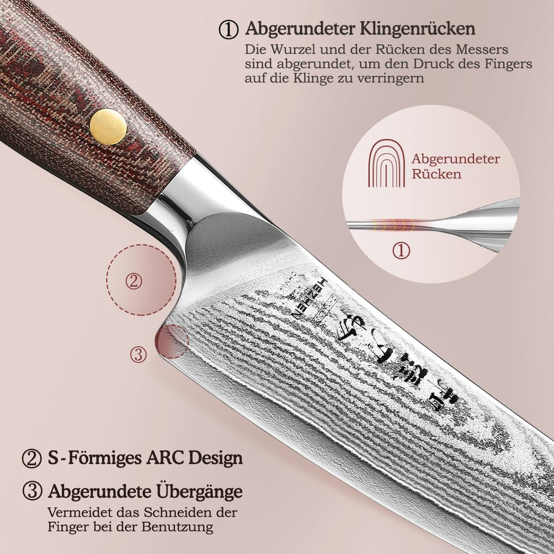 HEZHEN Damaststahl Universal Messer, Hartstahl Allzweckmesser mit Holzmesserscheide, Rasiermessersch