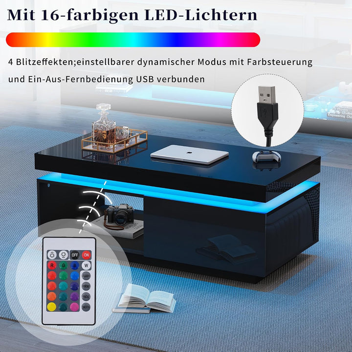 Merax Couchtisch Schwarz, Modern Wohnzimmertisch Hochglanz, mit 16-Farbiger LED Beleuchtung, Beistel