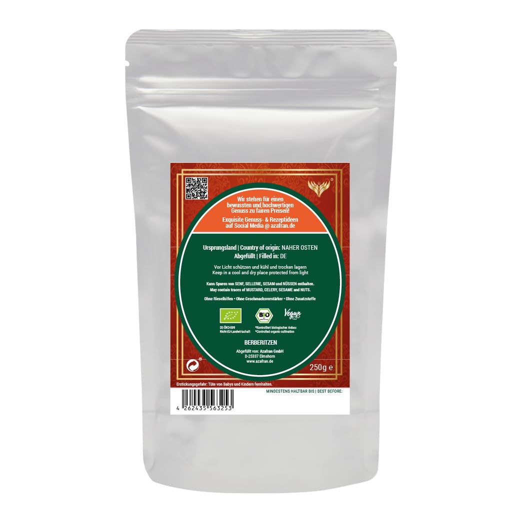 Azafran BIO Berberitze (Sauerdorn) geschnitten, getrocknete Berberitzen Beeren für Tee & Küche 1kg,
