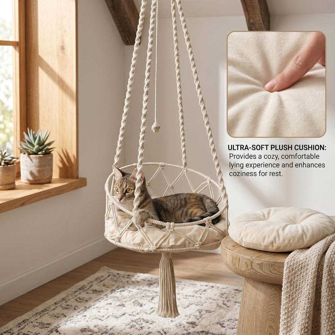 Handgewebte hängende Katzenbett-Hängemattenschaukel mit weichem Kissen und Bommel, Wand- oder Fenste