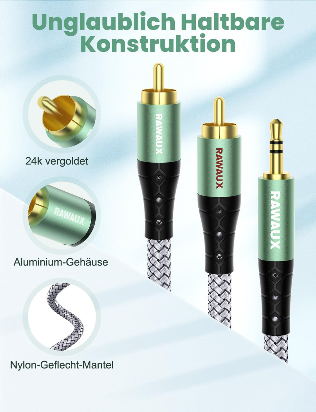 RAWAUX Cinch Kabel 3M, Klinke auf Cinch Kabel Cinch Subwoofer Kabel Adapter 3.5mm Klinke auf 2 x Cin