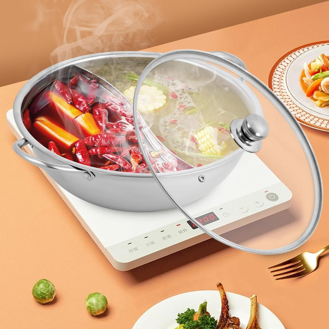 Hot pot Topf Suppe 34cm/28cm Kochgeschirr Rund Kochtopf aus Edelstahl mit Trennwand und sichtbaren D