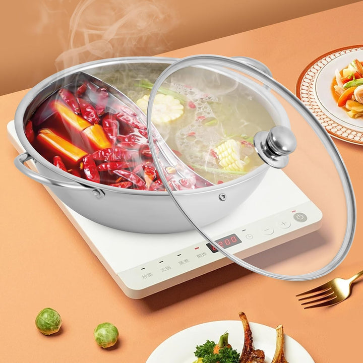 Hot pot Topf Suppe 34cm/28cm Kochgeschirr Rund Kochtopf aus Edelstahl mit Trennwand und sichtbaren D