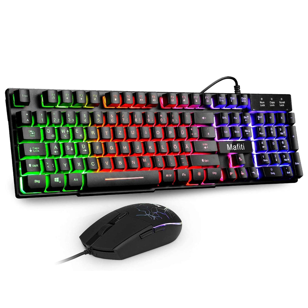 Mafiti Tastatur und Maus Set, Kabelgebundenes, LED Hintergrundbeleuchtung QWERTZ (DE-Layout), Regenb