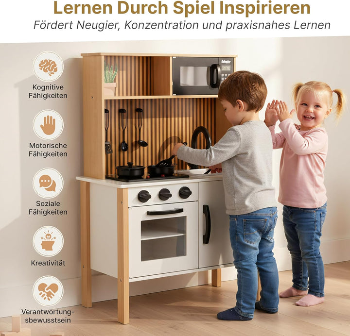 Kinderküche aus Holz mit Licht & Sound – Spielküche mit Zubehör, Herd, Backofen, Spüle, Mikrowelle –