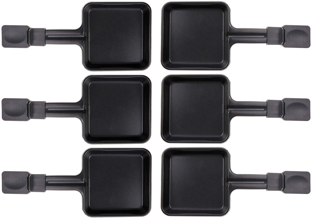 6x Raclette Pfännchen 23178 10x10cm, Griff Extra Lang, Universell für Raclettes (Masse siehe Text)