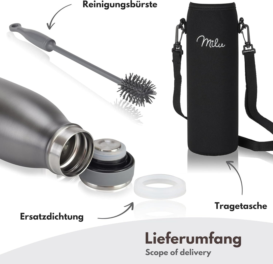 Milu Edelstahl Trinkflasche 350ml 500ml 750ml 1L 1,5L Thermosflasche, Isolierte Wasserflasche, Ausla