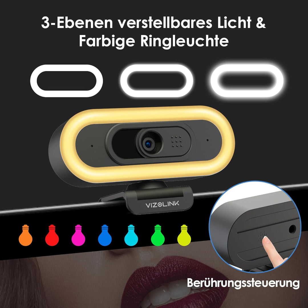 VIZOLINK W4LS Webcam HD 2K/1080P mit Ring-Beleuchtung, Autofokus, Klarer Stereo-Mikrofone, Lichtkorr