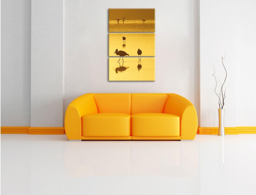 Pixxprint Störche im Wasser als Leinwandbild/Grösse: 3 Teilig (120x80) cm/Wandbild/Kunstdruck/fertig