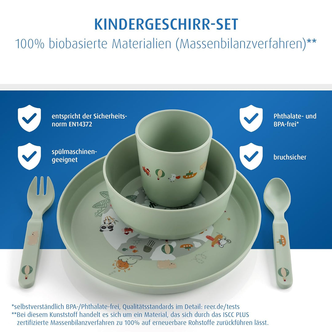 reer Kindergeschirr Set | Motiv: Little Explorer | Biokunststoff-Geschirr für Kleinkinder aus 100% I