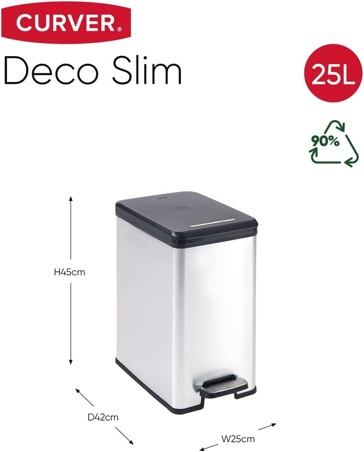 CURVER DECO Bin SLIM 25L Abfalleimer, Plastik, schwarz/silber metallic, 39 x 25 x 45 cm 39 x 25 x 45