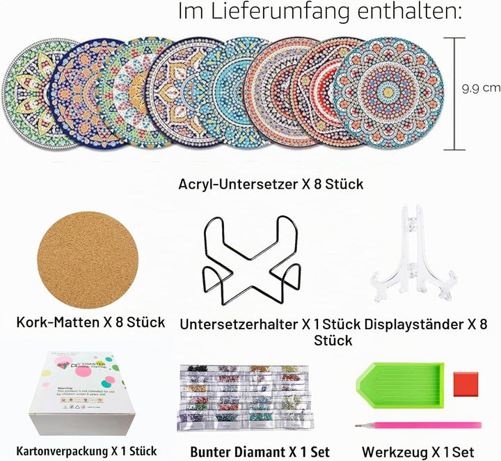 Muzagroo Art Set mit 8 Mandala-Glasuntersetzern mit Halterung - 5D Diamant-Kunst-Set für Anfänger -