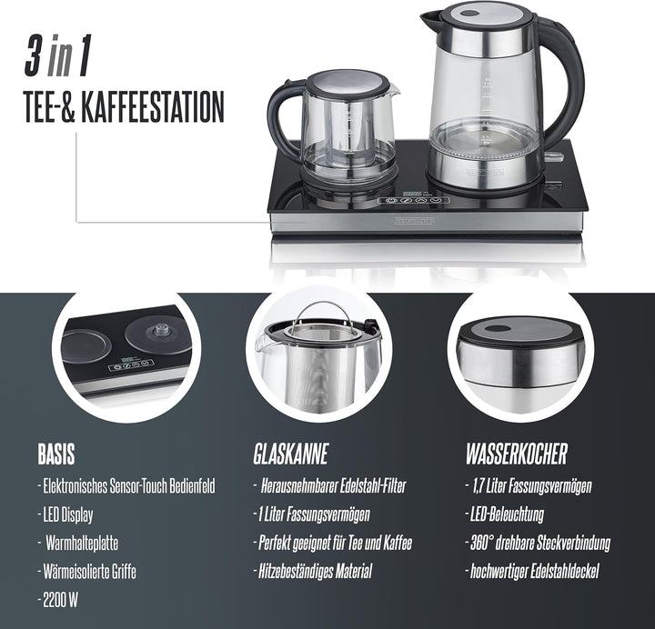 HEINRICHS Teestation, Tee-und Kaffeestation, Wasserkocher 1,7L und Teekanne 1L mit Edelstahlfilter,