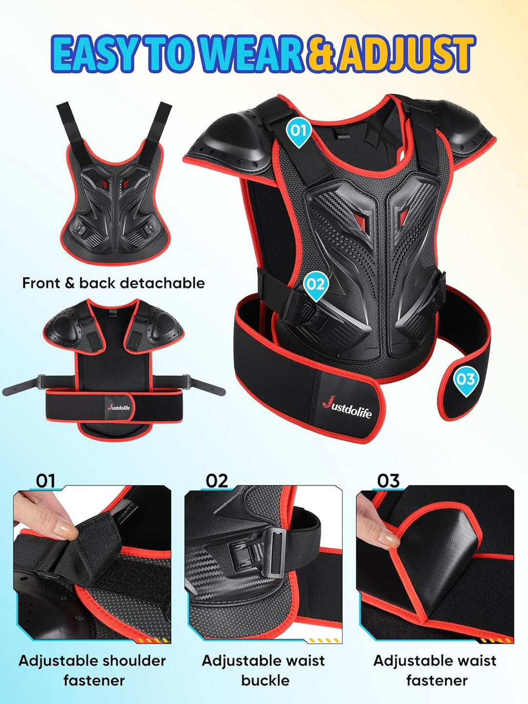 JUSTDOLIFE 5 Stück Motorrad Schutz Jacke, Motorrad-Rüstungsset für Kinder Jugend-Motocross Schutzkle