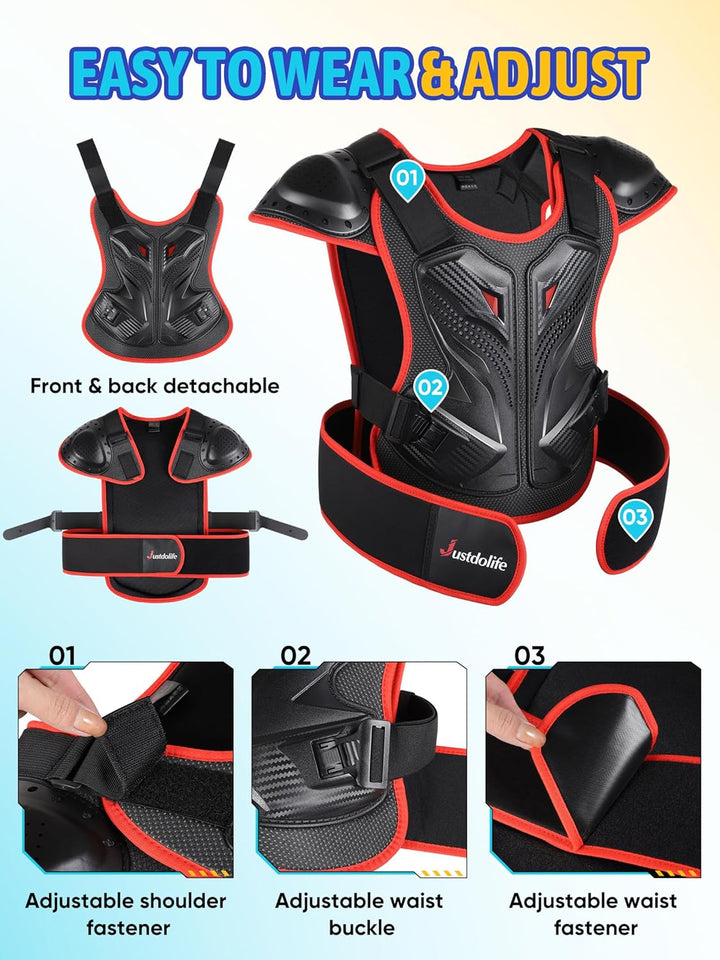 JUSTDOLIFE 5 Stück Motorrad Schutz Jacke, Motorrad-Rüstungsset für Kinder Jugend-Motocross Schutzkle