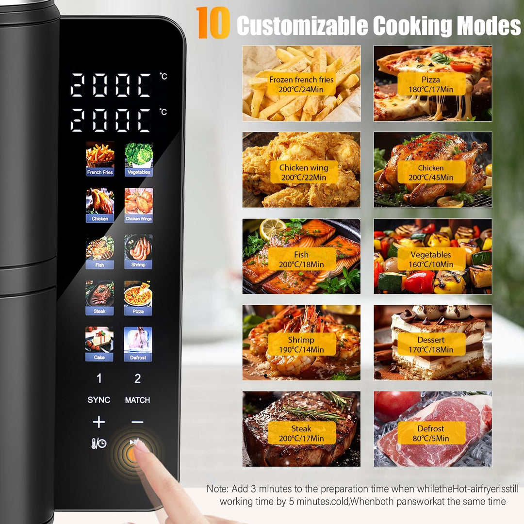 Double Stack Heissluftfritteuse, Vertikale Doppelkammer Heissluftfritteuse, Klappbares Touchdisplay,