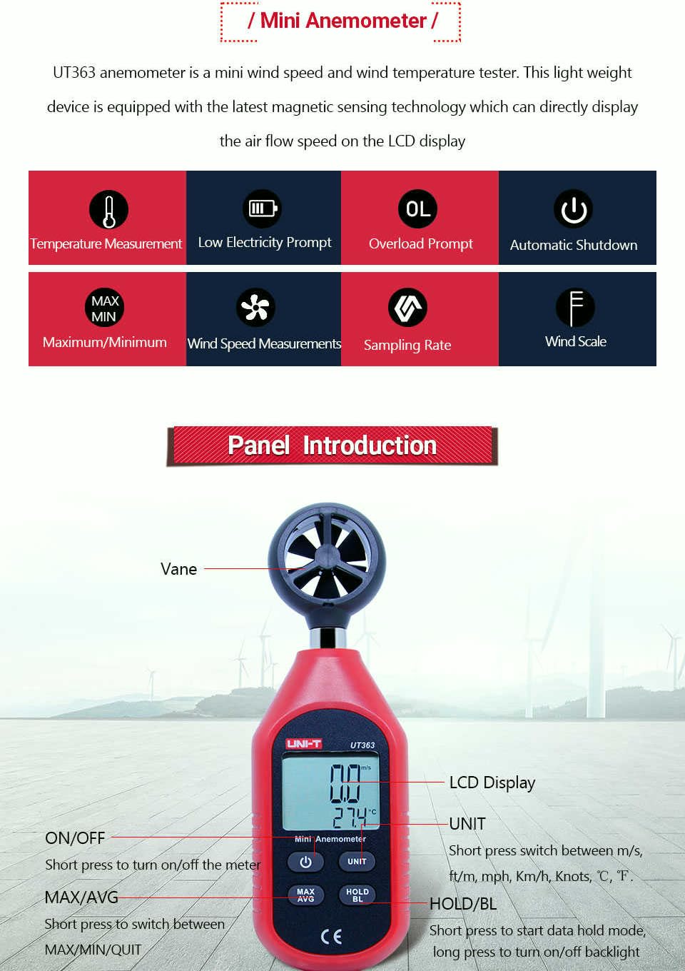 UNI-T UT363 UT363BT Mini-Handheld Anemometer mit Bluetooth Digital Wind Anemometers Speed Measuremen