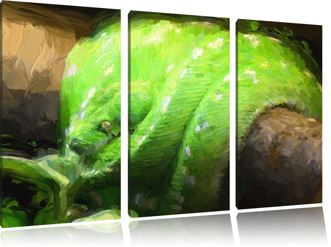 Pixxprint Grüne exotische Schlange / 3-Teilig/Gesamtmass 120cm Leinwandbild bespannt auf Holzrahmen/