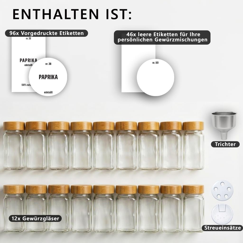 Deco haus® Gewürzgläser eckig luftdicht 12er Set [inkl. Etiketten & Streueinsatz] - Gewürzdosen Set