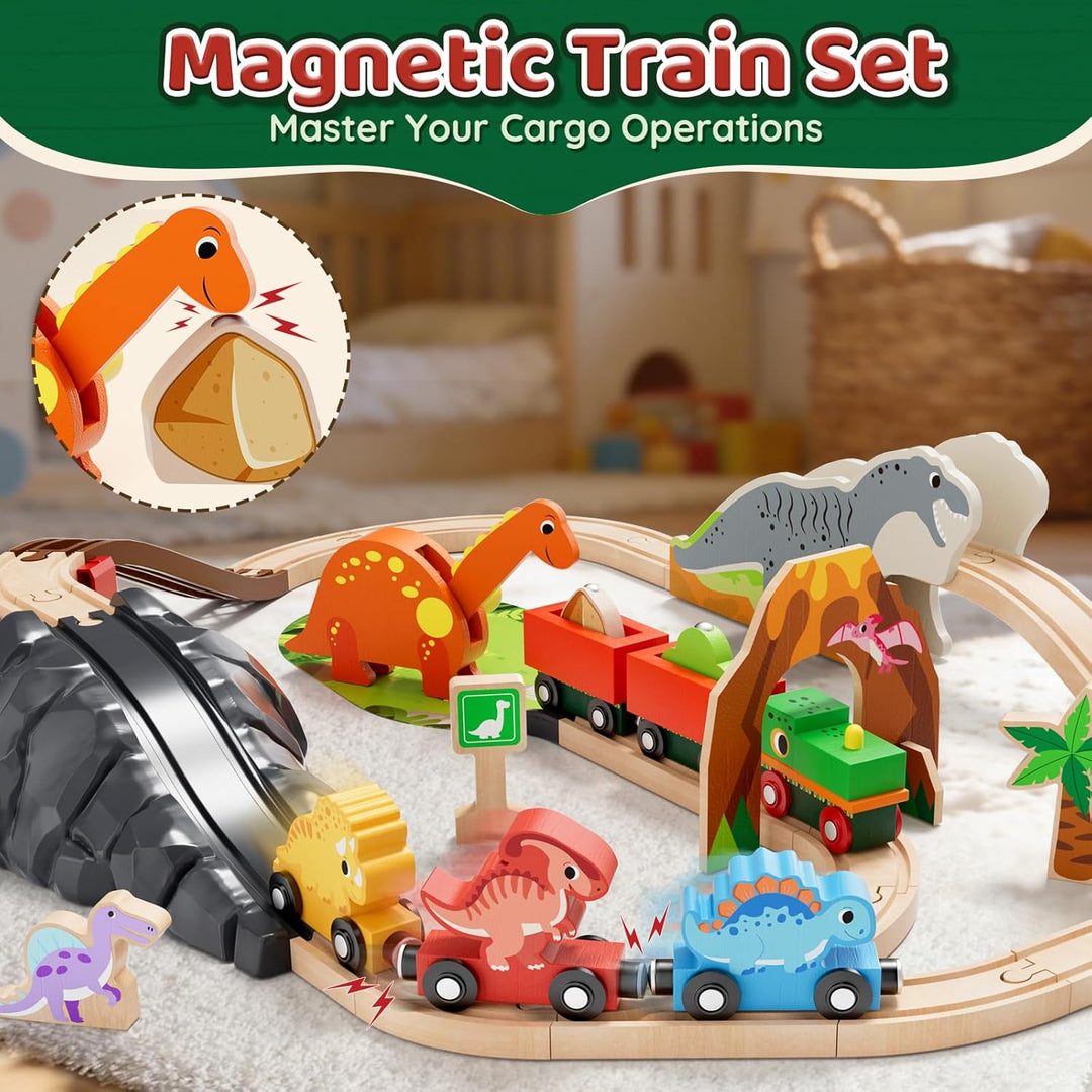 Lehoo Castle Holzeisenbahn, Holz Eisenbahn Kinder, Dinosaurier Spielzeug Holzeisenbahn Schienen, Din