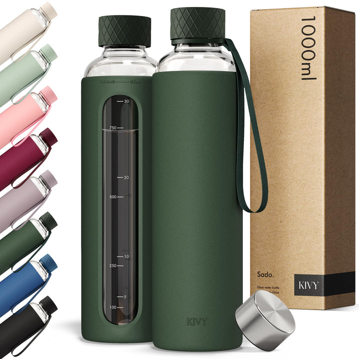 KIVY Glas Trinkflasche 1l mit Silikonschutz [KOHLENSÄURE GEEIGNET] Glasflasche 1 Liter - Wasserflasc