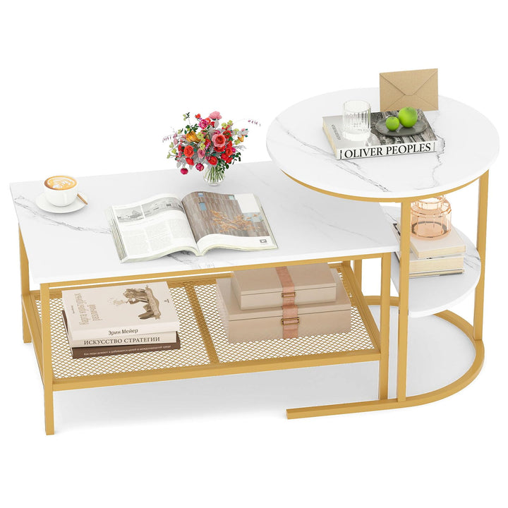 COSTWAY 2er Set Couchtisch, Beistelltisch Marmor Optik mit Metallrahmen & Ablage, Kaffeetisch Wohnzi