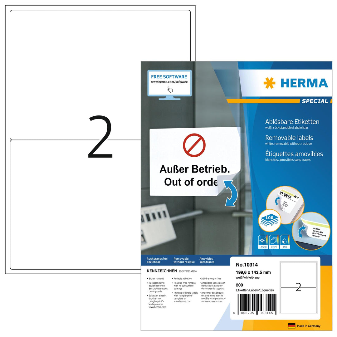HERMA 10314 Universal Etiketten ablösbar, 100 Blatt, 199,6 x 143,5 mm, 2 Stück pro A4 Bogen, 200 Auf