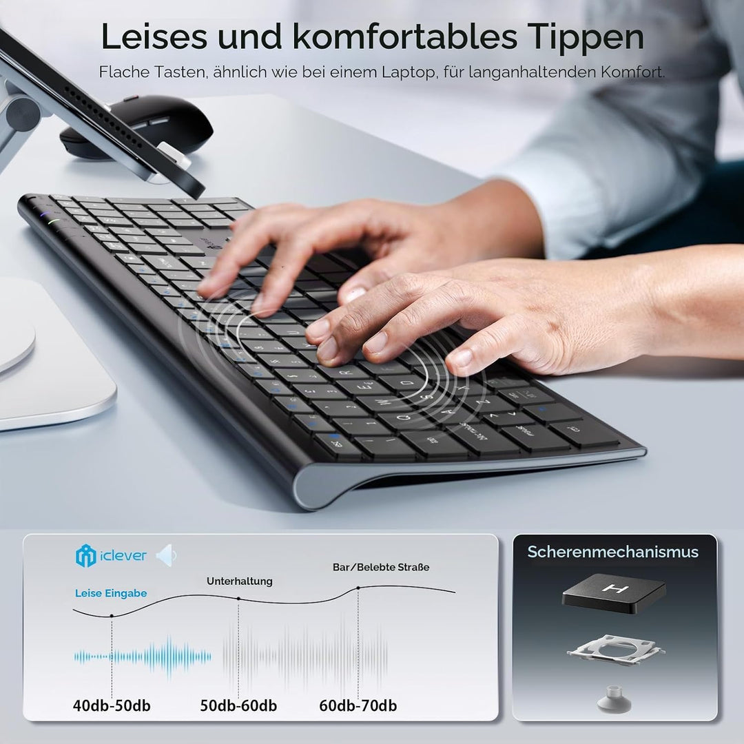 iClever Kabellose Bluetooth-Tastatur und Maus, Dual-Modus (Bluetooth + 2,4 G), wiederaufladbar, ital