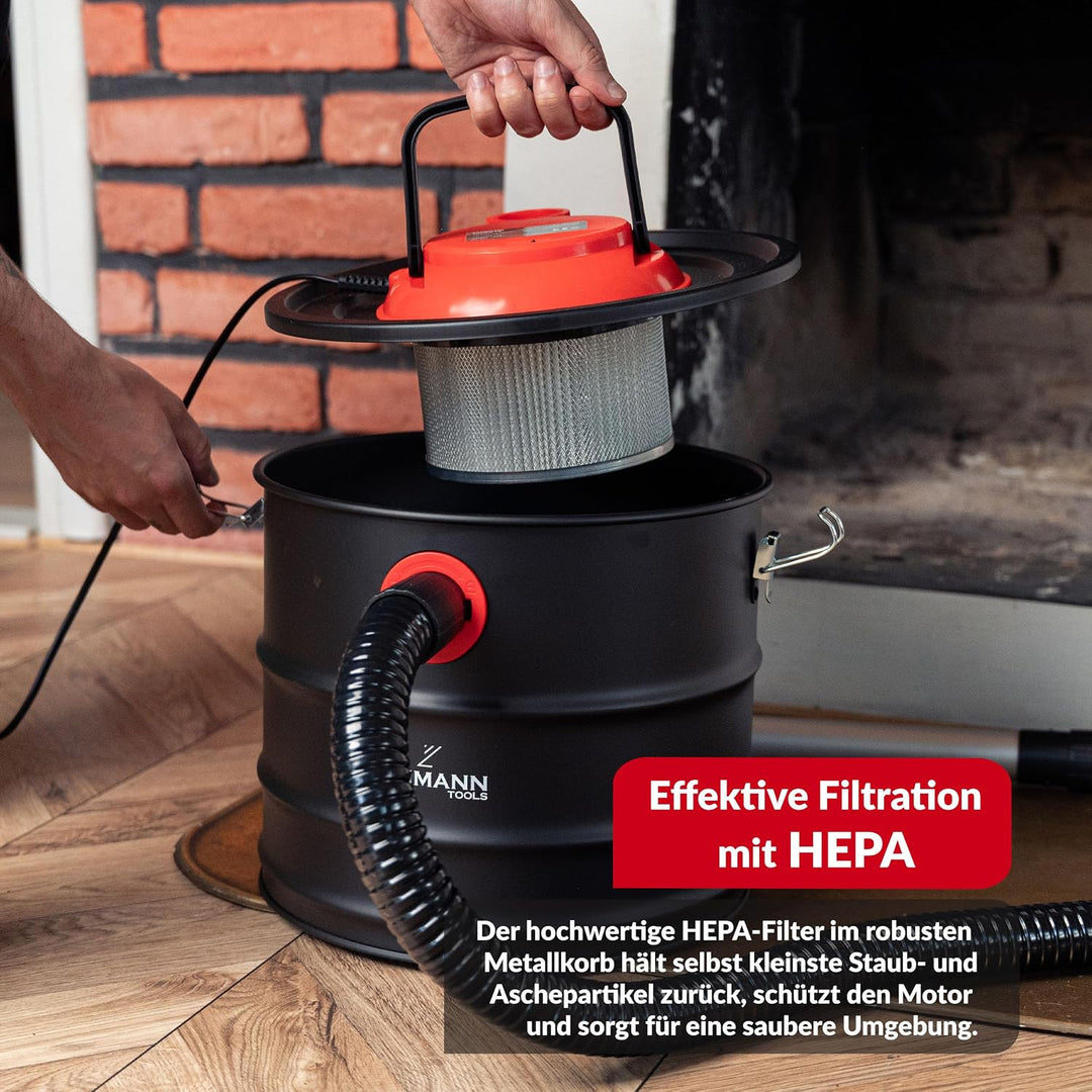 LEHMANN Aschesauger 15L - Kaminsauger für hohe Temperaturen - robustem Metalltank - Waschbar HEPA-Fi