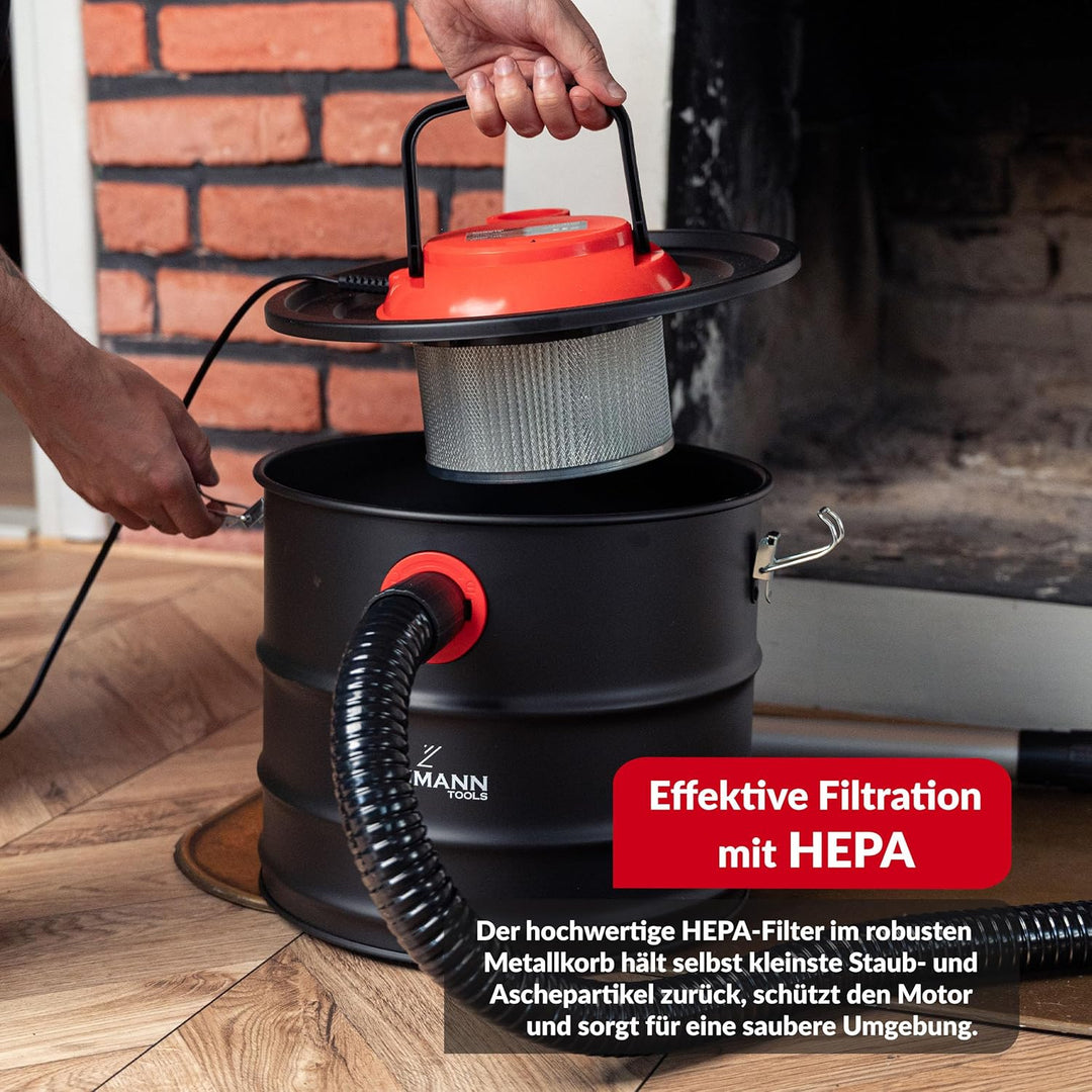 LEHMANN Aschesauger 15L - Kaminsauger für hohe Temperaturen - robustem Metalltank - Waschbar HEPA-Fi