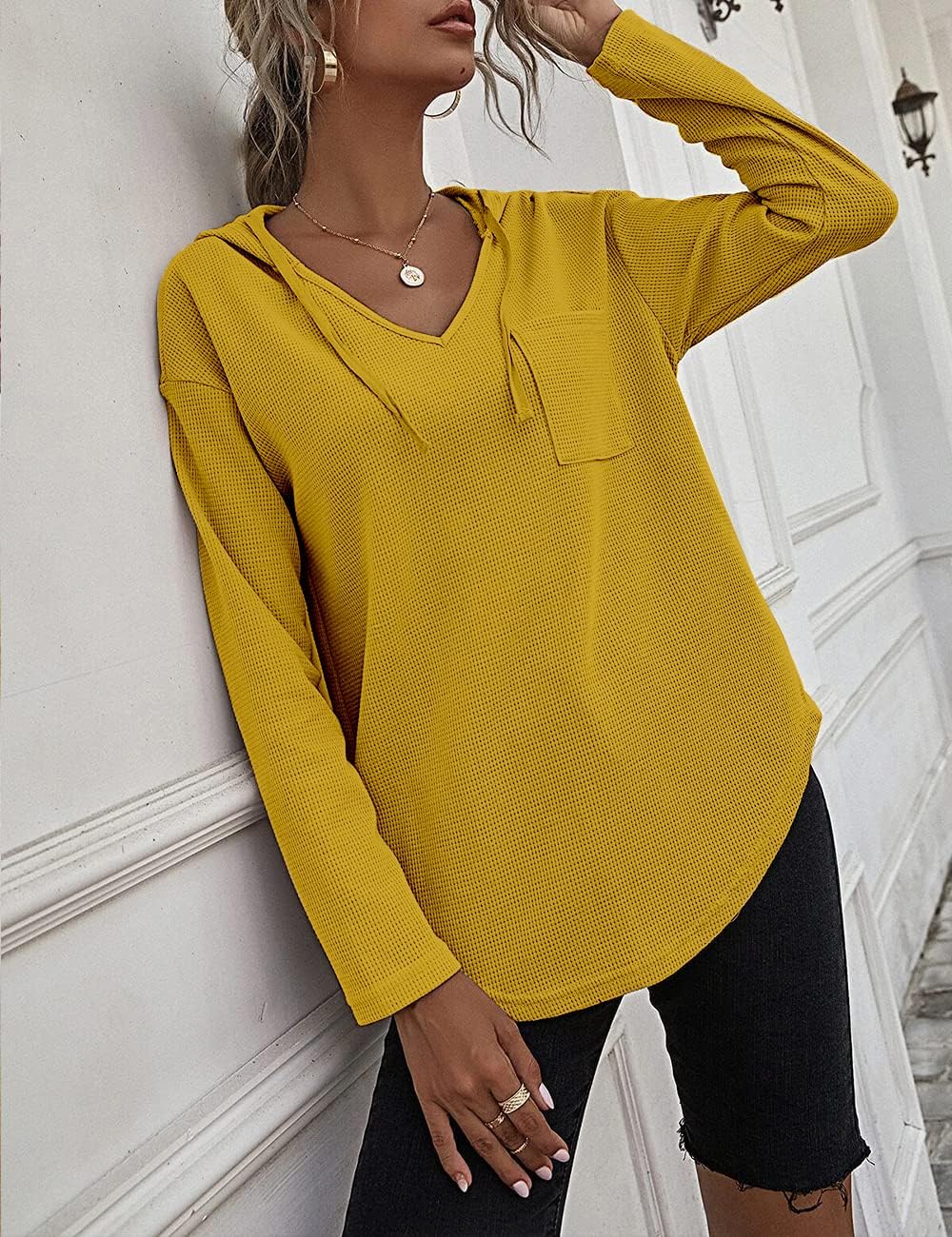 Cuptacc Pullover Damen Hoodie Langarm V Ausschnitt Pullover Sweatshirt Kapuzenpullover Einfarbig Dra