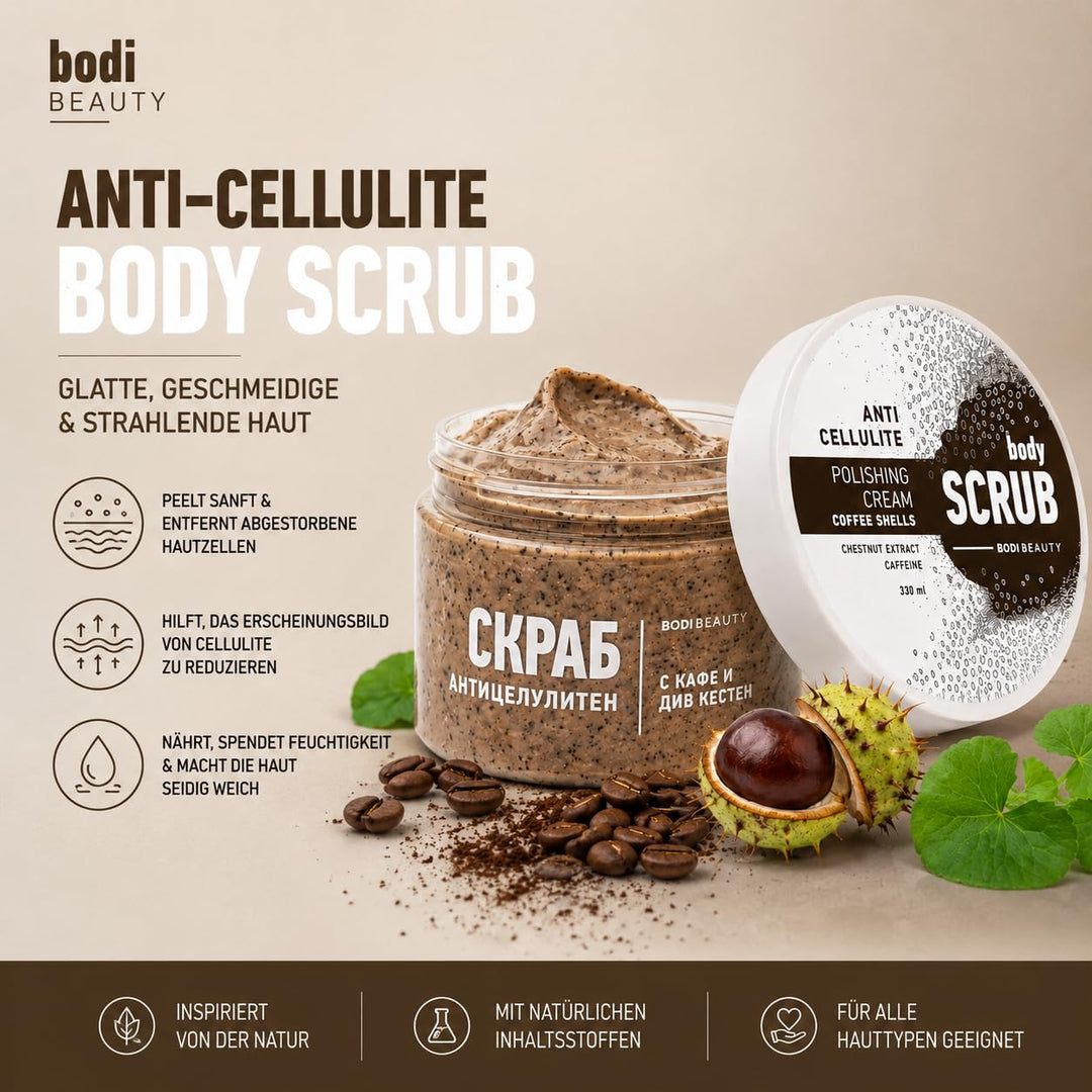 Anti-Cellulite Kaffee-Peeling &amp; Body Scrub 330 ml – Koffein, Kaffeepartikel, Shea &amp; Traubenkernöl, V