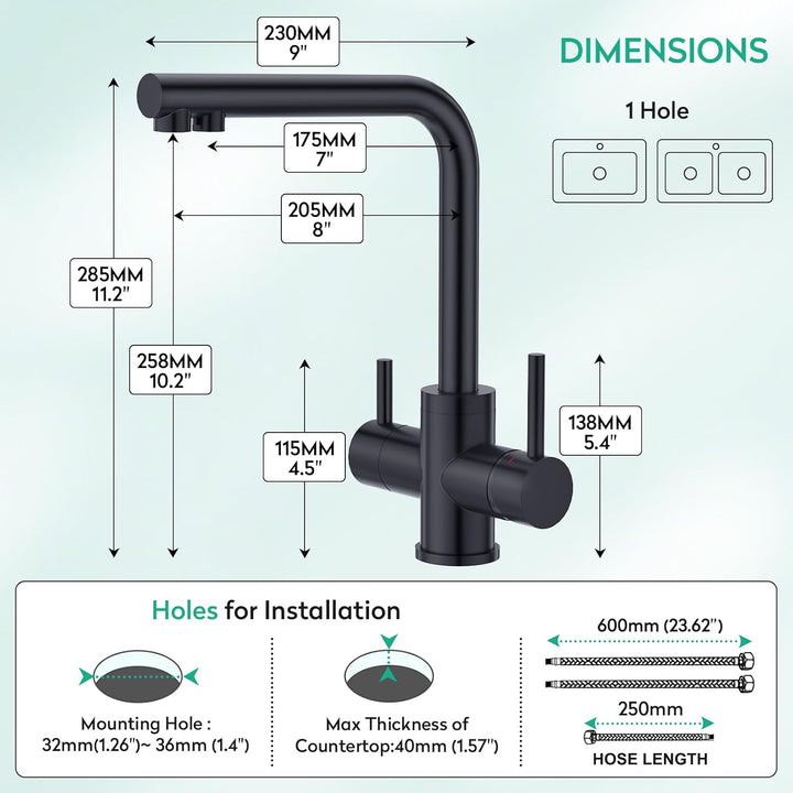 CREA 3 Wege Wasserhahn Küche, 360° Drehbar Küchenarmatur, 3 in 1 Mischbatterie für Wasserfilter Osmo