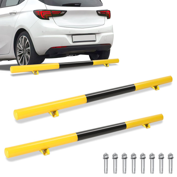 Fiqops Radstopper 2 x Metall Stahlrohr-Parkstopper Parkplatzbegrenzung, Schwarz-Gelb mit Reflexionss
