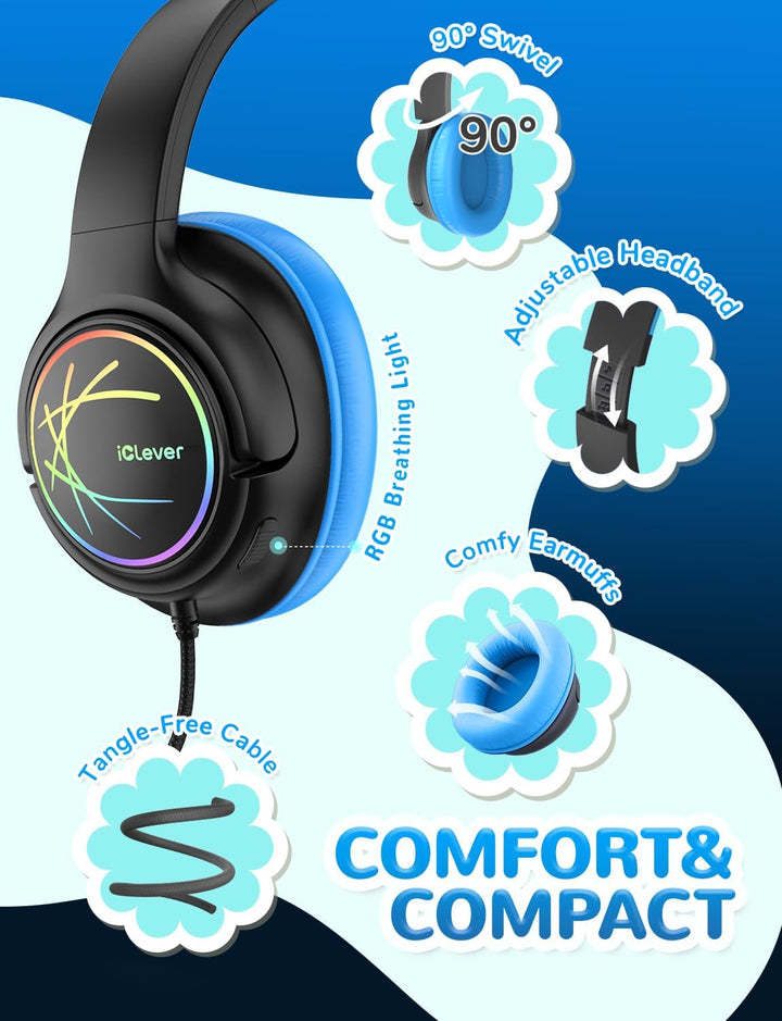 iClever Kopfhörer Kinder USB C, Kinder Kopfhörer mit Kabel 85dBA Sichere Lautstärke, Stereo Sound, O